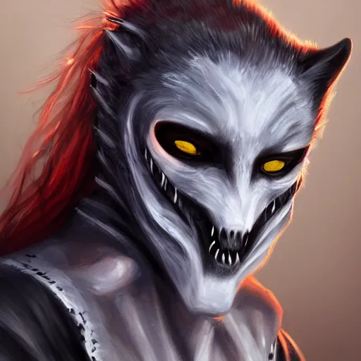 Image similar to painting portrait of a vampire wearing a wolf face mask, artstation, ultra detailed