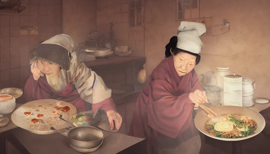 Prompt: old japanese lady cooking, old 1 8 0 0's kitchen, pan and plates, hyperdetailed, artstation, cgsociety, 8 k