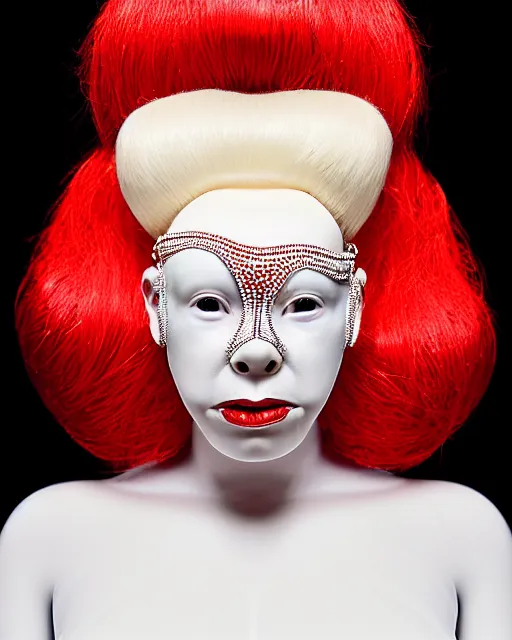 Prompt: symmetrical portrait of an albino woman wearing a silicone diamond studded red beauty mask and white hair buns, wearing a black bodysuit by alexander mcqueen, cream white background, soft diffused light, biotechnology, humanoid robot, bjork aesthetic, translucent, by rineke dijkstra, intricate details, highly detailed, masterpiece,