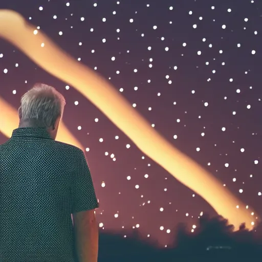 Prompt: man looking at the pattern with dots in the night sky
