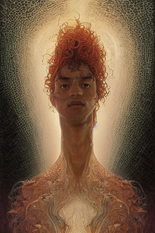 Image similar to a young mexican man with curly hair, by artgerm and yoshitaka amano and moebius and hr giger and zdislaw beksinski and alphonse mucha, hyperdetailed, symmetry, glamour, surreal, dc comics, ornate, stunning, nebula, explosions in the sky, trending on artstation