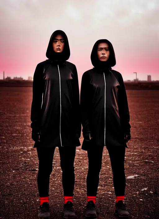 Image similar to cinestill 5 0 d photograph of 2 women wearing black techwear in front of a brutalist sharp - edged metal building, closeup, on a desolate plain with a red sky, dystopia, cyberpunk, 4 k, 8 k, depth of field, high resolution, realistic faces, hd, raw