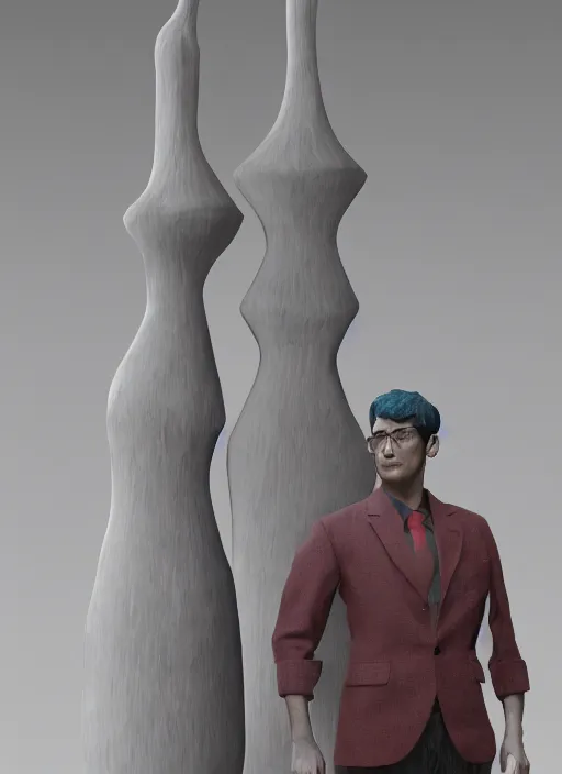 Image similar to a sculpture of a man standing next to a tall vase, a raytraced image by Hikari Shimoda, polycount, video art, vray tracing, ray tracing, rendered in unreal engine