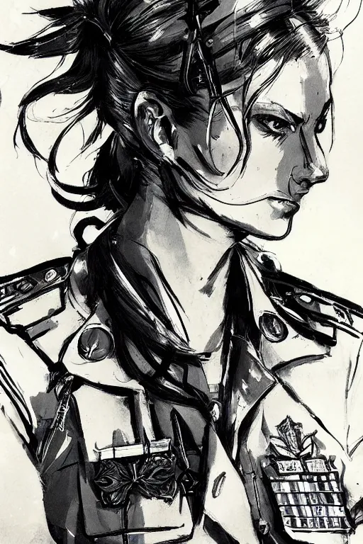 Image similar to beautiful portrait of a female officer wearing a fancy naval uniform, concept art by yoji shinkawa, felt tip pen, intricate detail, sharp focus, illustration