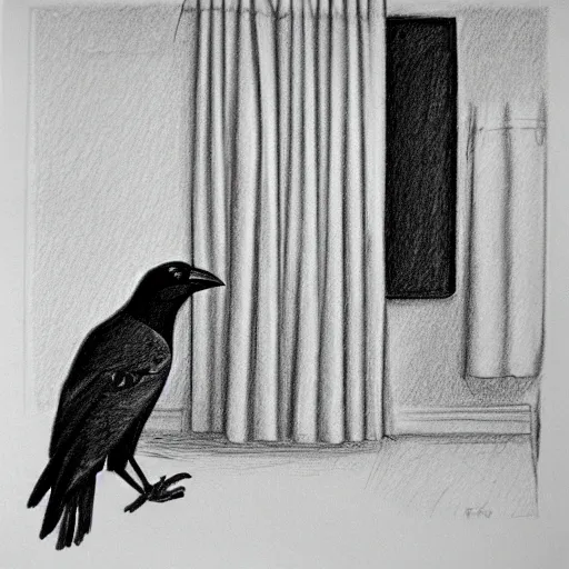 Image similar to a crow wearing a bathrobe in a hotel room, graphite drawing, 1998