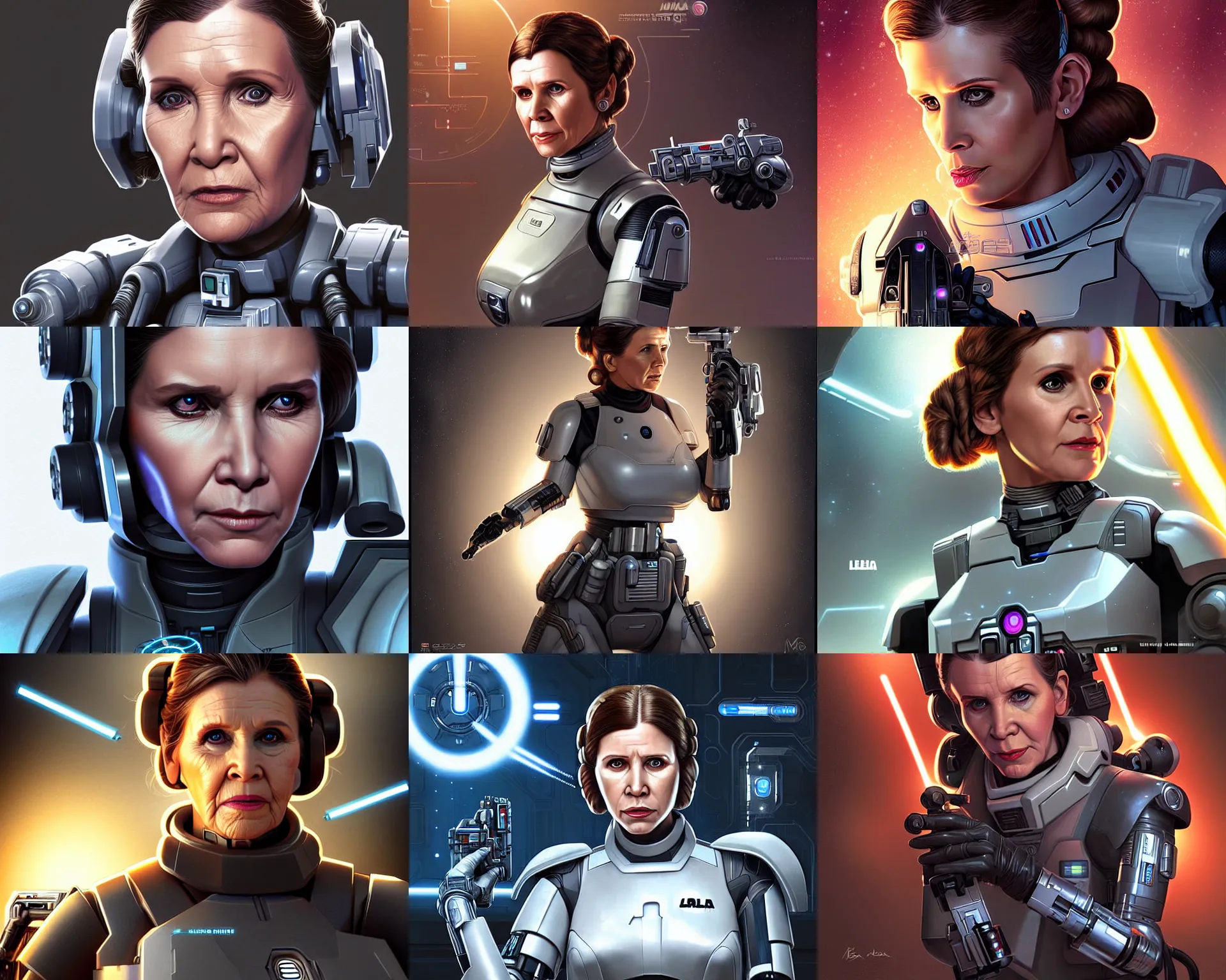 Prompt: leia's cybernetic implants make her immune to the effects of blaster fire. leia is a revolutionary woman in cyberspace. as an apex legends character digital illustration portrait design by, mark brooks and brad kunkle detailed, gorgeous lighting, wide angle action dynamic portrait