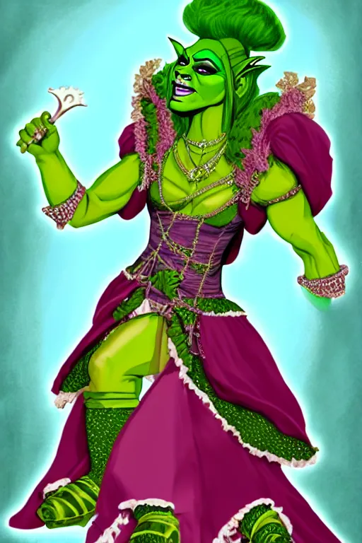 Image similar to d&d character artwork of a green-skinned orc drag queen, drag queen orc in frilly rococo ballgown and wearing a huge rococo powdered wig