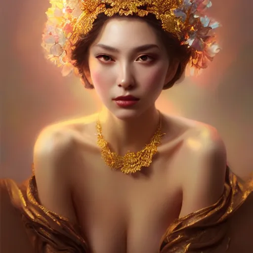 Prompt: expressive oil painting, of alluring european princess, seductive look, smooth glowing skin, glistening body, love, adoration, ornate headpiece made from flowers, glamour shot, portrait, by yoshitaka amano, by greg rutkowski, by jeremyg lipkinng, by artgerm, digital art, octane render