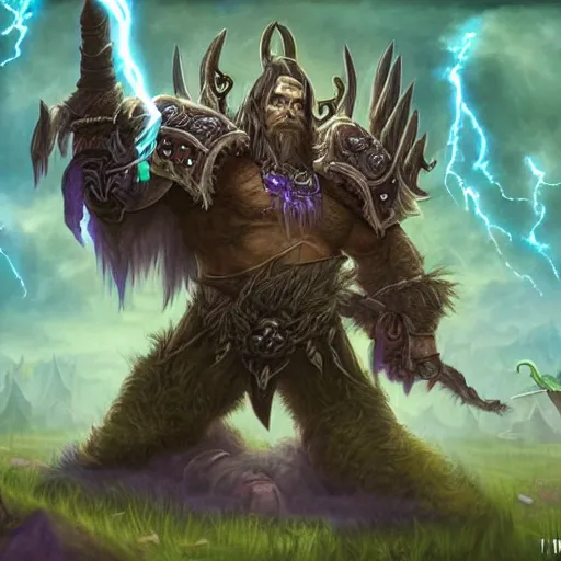 Image similar to world of warcraft, Sodlu the troll druid, landscape, lightning,