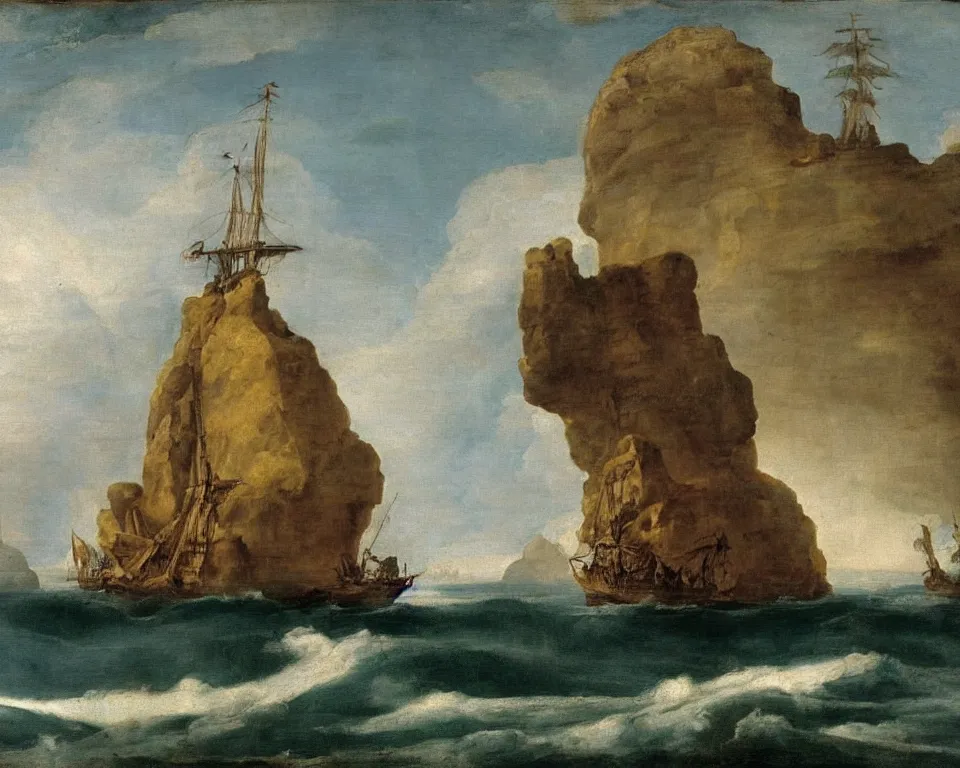 Prompt: oil painting of a magnificent Spanish galleon sailing next to the haunting cliffs of Atlantis by Raphael, Goya, and Hopper.