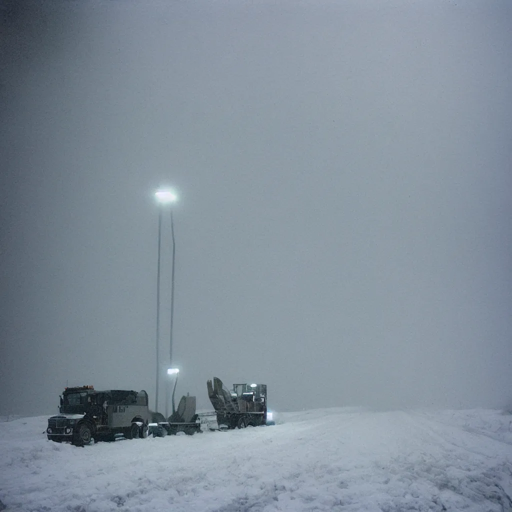 Image similar to photo, big snow plow truck is in the distance with a bright headlighta. cold color temperature, snow storm. hazy atmosphere. humidity haze. kodak ektachrome, greenish expired film, award winning, low contrast,