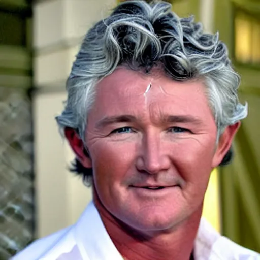 Prompt: patrick duffy, he has very long length straight grey hair, wearing a white shirt