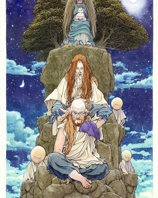 Image similar to a hyperrealist studio ghibli watercolor fantasy concept art of a giant long haired grey witch in lotus position sitting on top of stonehenge with a starry sky in the background. a group of tiny monks are prostrating them themselves. by rebecca guay, michael kaluta, charles vess