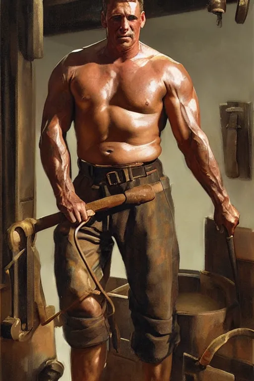 Image similar to muscular sweaty male blacksmith, forgehouse painting by craig mullins, j. c. leyendecker, tom of finland