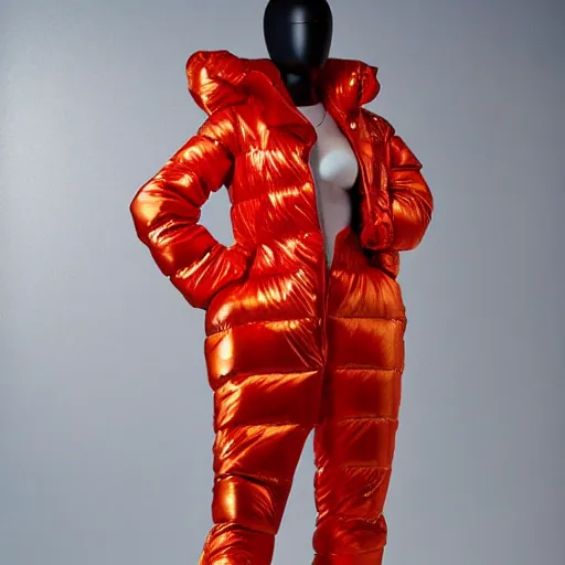 Image similar to a full body shot of a female mannequin, designed by hans boodt mannequins, wearing baggy pants, a tight top and a shiny, puffy coat, epic studio lighting, fashion photography