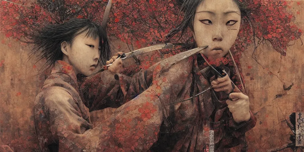 Image similar to Japanese schoolgirl runs away from Samurai with a katana on the subway, high detailed Beksinski painting, part by Adrian Ghenie and Gerhard Richter. art by Takato Yamamoto. masterpiece