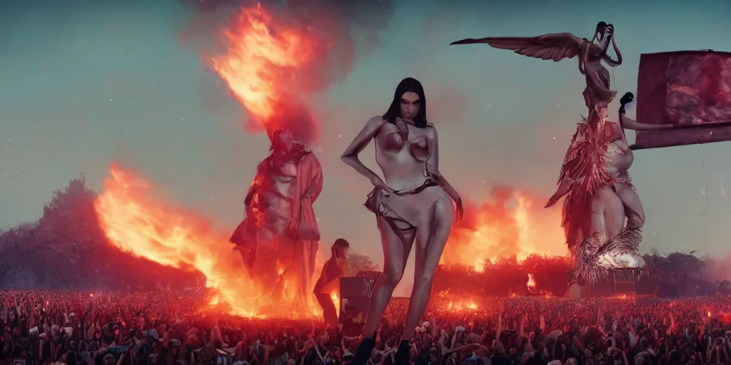 Prompt: realistic cinematic views of a Orwellian Coachella with fires in the background and dead seagulls falling from the sky in front of the main stage worshipping a large statue of kim kardashian, hyper detailed, terror glows, hyper realistic, digital painting, 8k, 35mm film grain, octane render