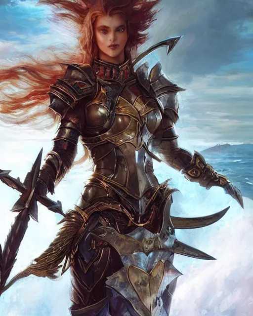 Image similar to game character beautiful sea dragon warrior woman with armor, long hair, holding trident, by Ruan Jia and Gil Elvgren, fullbody