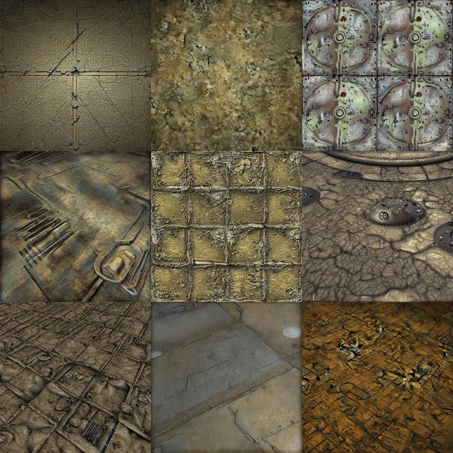 Prompt: flat texture, game asset, scifi, machinarium, giger, flat panels, diffuse texture, ground, metal floor, seamless game texture, by dean cornwell, nc wyeth, painterly, 4 k, textures. com, high resolution