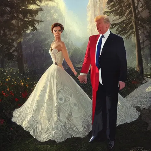 Prompt: vladimir putin marrying donald trump, elegant, highly detailed, digital painting, artstation, concept art, smooth, sharp focus, illustration, art by artgerm and greg rutkowski and alphonse mucha