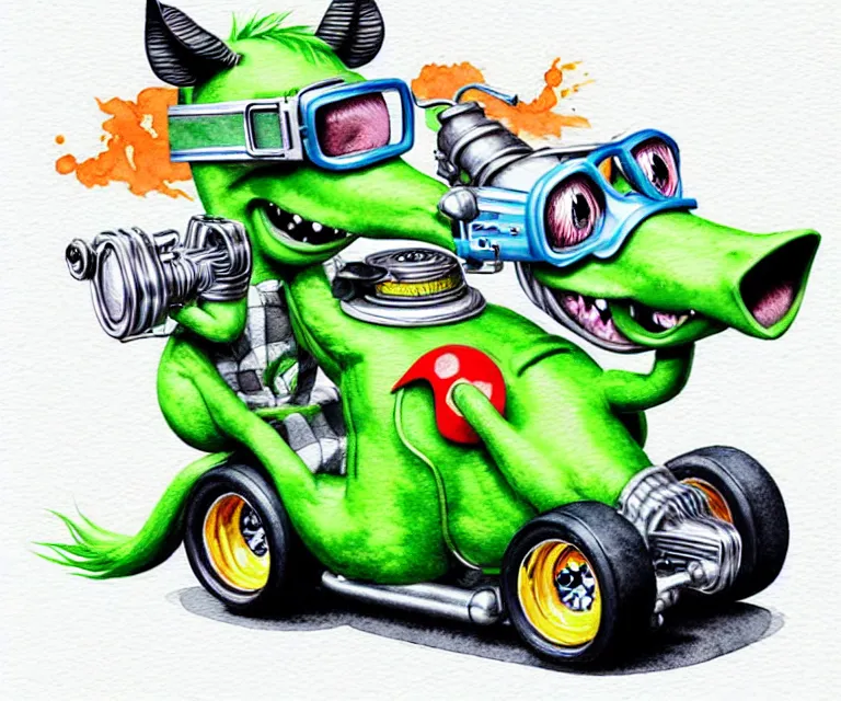 Prompt: cute and funny, horse wearing goggles driving a tiny hot rod with an oversized engine, ratfink style by ed roth, centered award winning watercolor pen illustration, isometric illustration by chihiro iwasaki, edited by craola, tiny details by artgerm and watercolor girl, symmetrically isometrically centered