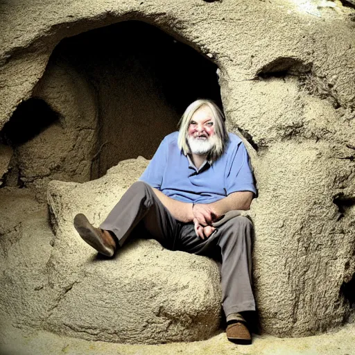 Prompt: laughing robert wyatt sitting in a cave