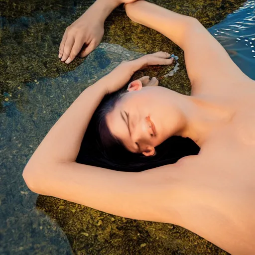 Image similar to a beautiful woman, laying on the ground, hands peacefully resting under her chin, water reflection!!!!!, water mirrored water, reflection echo, 4 k, detailed facial features!!!!!, artstation photorealism, photorealism, shot by steve mccurry, jimmy nelson, annie leibovitz, ansel adams, and frans lanting