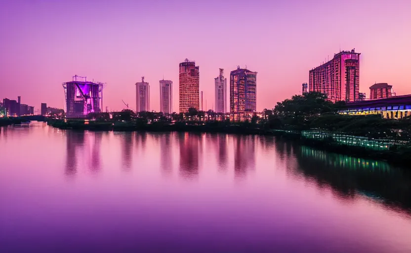 Image similar to a photo of wuhan, river, sunset, purple sky, cinematic, 8 k, highly - detailed