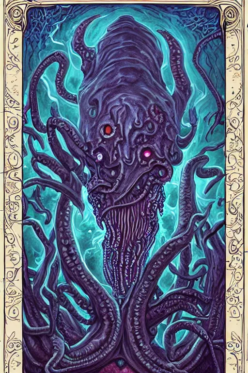 Prompt: ancient eldritch horror, mind flayer, illithid, concept art, digital art, tarot card, highly detailed, ornate border, in the style of dungeons and dragons, old school