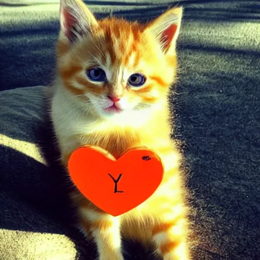 Image similar to cute fluffy orange tabby kitten with a sign that says