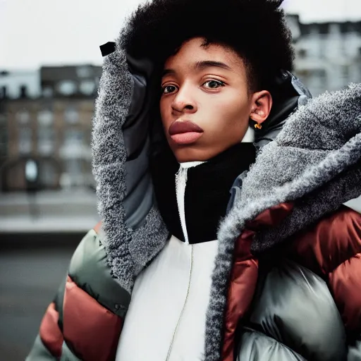 Image similar to realistic! photoshoot for a new balenciaga lookbook, color film photography, portrait of a beautiful woman wearing a puffer jacket, photo in style of tyler mitchell, fisheye lens