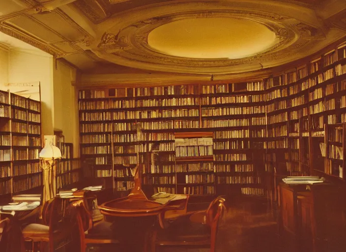 Prompt: a 3 5 mm photo of the interior of a gorgeous elegant library on a college campus in the 1 9 5 0 s, bokeh, canon 5 0 mm, cinematic lighting, dramatic, film, photography, golden hour, depth of field, award - winning, 3 5 mm film grain, retro, film, kodachrome