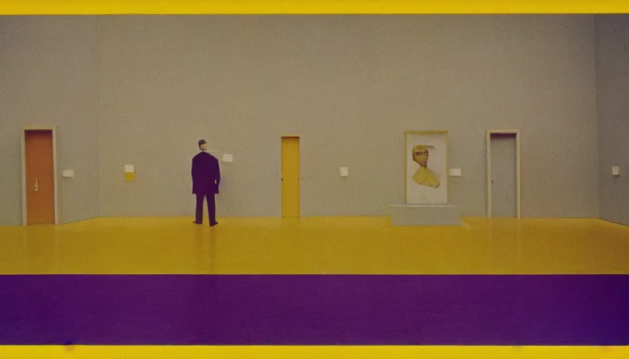 Prompt: 60s movie still of a sovietic stalinist style empty art museum with a soviet congress with yellow wall, by LOMOCHROME PURPLE FILM 100-400 35MM, liminal Space style, heavy grain