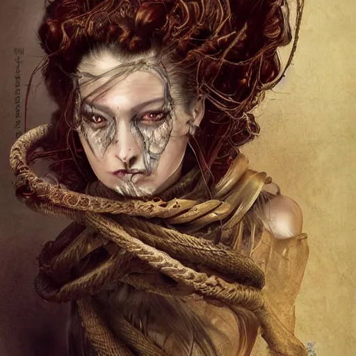 Image similar to portrait of a Shibari rope wrapped face and neck, headshot, insanely nice professional hair style, dramatic hair color, digital painting, of a old 15th century, old cyborg merchant, amber jewels, baroque, ornate clothing, scifi, realistic, hyperdetailed, chiaroscuro, concept art, art by Franz Hals and Jon Foster and Ayami Kojima and Amano and Karol Bak,