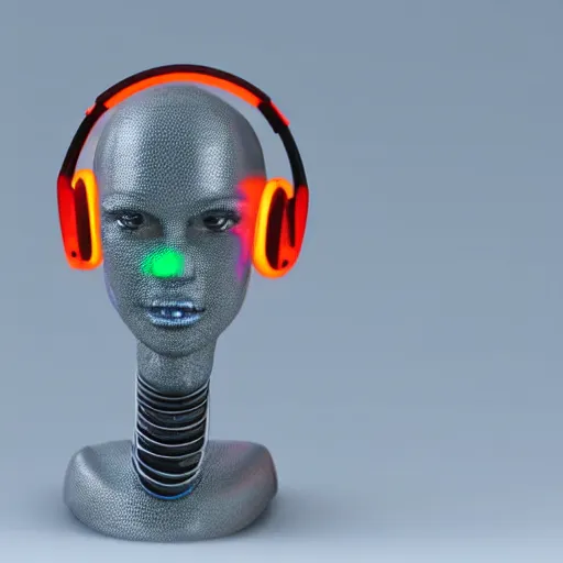 Image similar to a glossy claymodel of a tribal futurism robot head with glowing headphones, 8 k, symetrical, flourescent colors, halluzinogenic, multicolored, very detailed, black background, 3 d render,