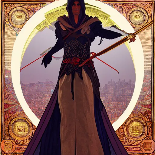 Image similar to an ultra detailed vector image of solare of astora dressed as ezio auditore, concept art by alphonse mucha and greg rutkowski, praise the blood moon, octane render, liminal space