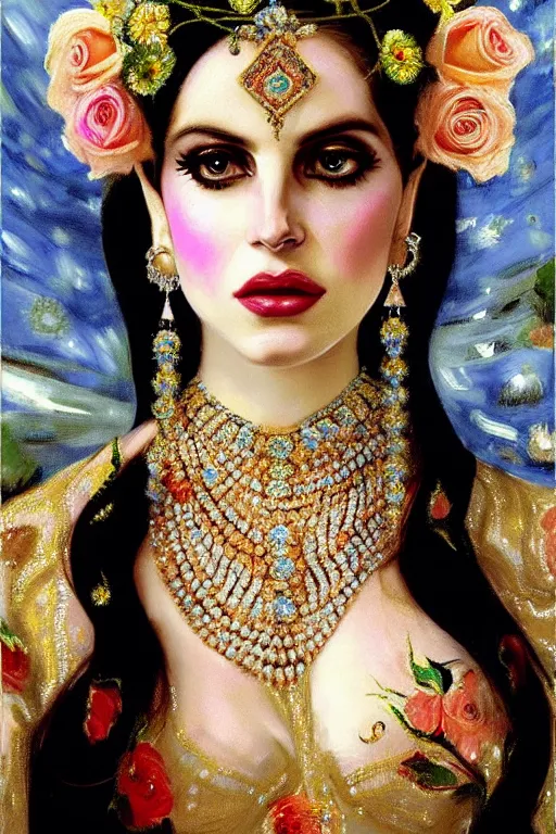 Prompt: roses, diamonds, textile style, highly detailed, mosaic painting of lana del rey as shiva, clear facial features by john singer sargent, beautiful extravagant costume details, jewelry.