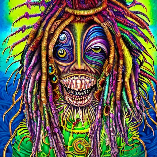 Prompt: a high detailed hyper detailed painting of a spiritual monster with dreadlocks and several eyes, pointy teeth and colorful skin with scales and strange textures, surreal psychedelic cosmic horror - 7 6 8