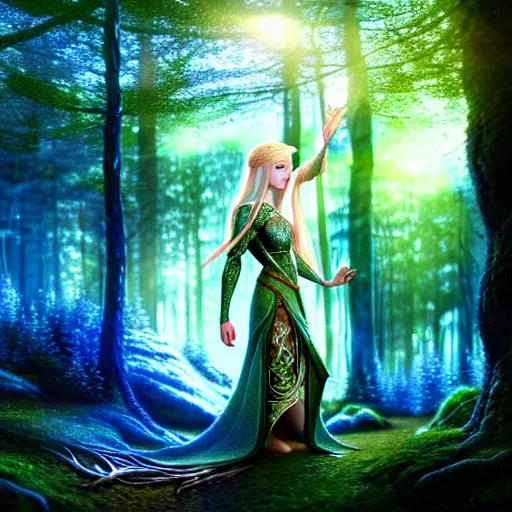 Image similar to beautiful hyper realistic elven, celestial highly detailed magic stag, in a beautiful highly detailed forest background. blue light. sunlight rays throught the trees. intricate, elegant, fantasy art, concept art 8 k rendering.