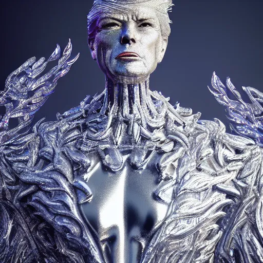 Image similar to donald trump full body detailed, ethereal, biomechanical, covered in diamonds and other gems glowing, highly detailed face, elegant posed, intricate, extremy detailed, beeple, cgsociety, 3 d unreal engine octane render. cinematic lighting, highly detailed 4 k art