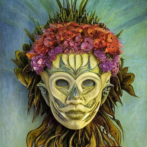 Image similar to masterpiece painting of a facemask made of flowers, by annie swynnerton and jean delville and tino rodriguez and diego rivera, flower shaman, spooky dark eldritch art, art brut, symbolist, dramatic lighting, god rays, elaborate geometric ornament, clean crisp graphics, soft cool colors, smooth sharp focus, extremely detailed, adolf wolfli