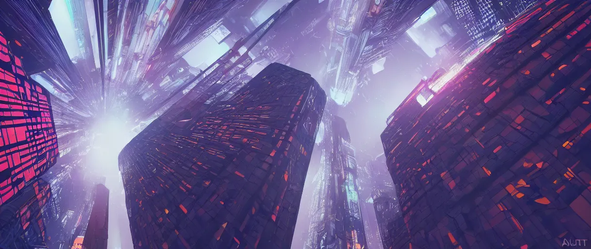 Prompt: looking up at a neon lit skyscraper in a brutalist neon lit blade runner city in the style of Rob Lefield and Ralph McQuarrie, trending on artstation, digital art, third person perspective, viewed from below