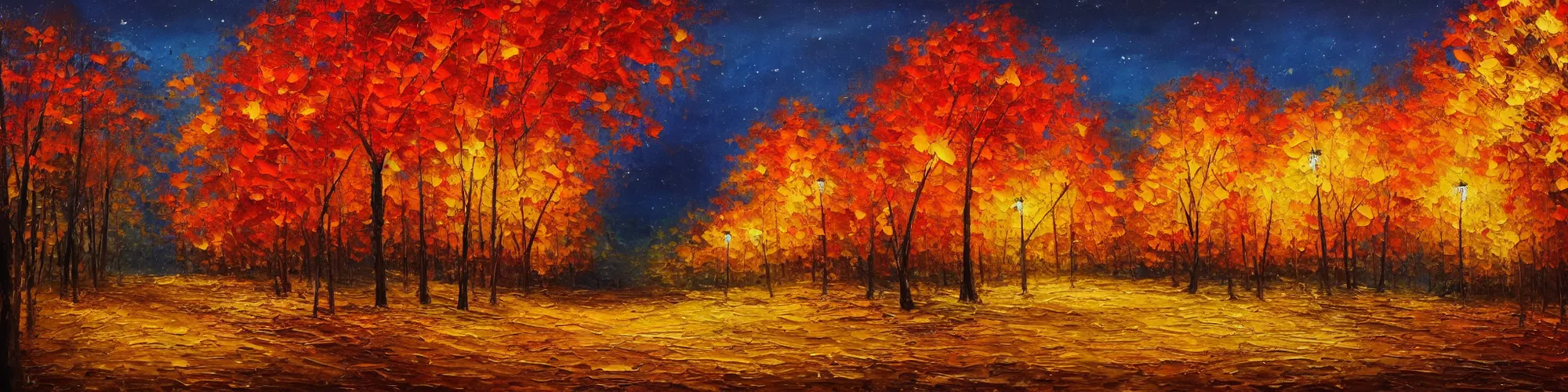 Prompt: painting of autumn landscape during night, non symmetrical, award winning painting, beautiful, breathtaking, stunning scenery, trending on artstation, masterpiece