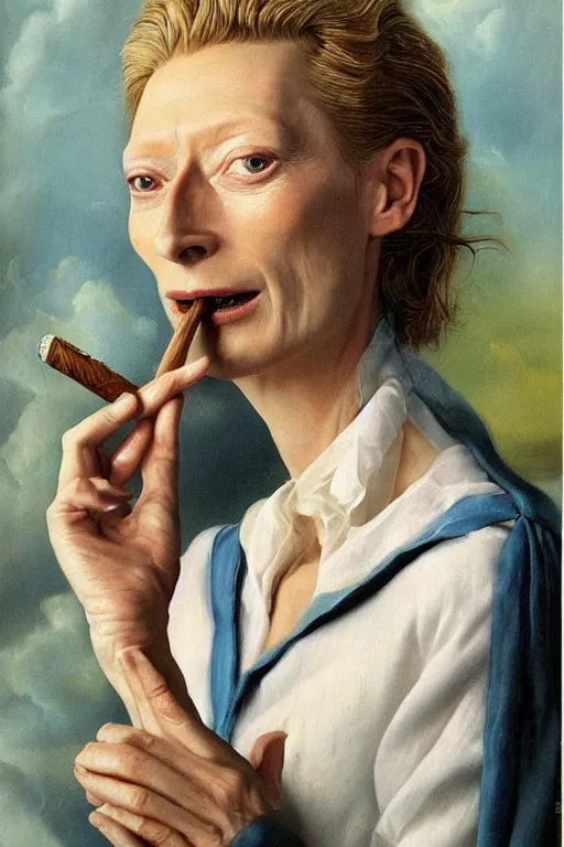 Prompt: a photorealistic portrait of tilda swinton as assumpta corpuscularia lapislazulina smocking a cuban cigar by salvador dali, oil painting, surrealism, masterpiece!!, hyperdetailed, centered, symmetric, funky