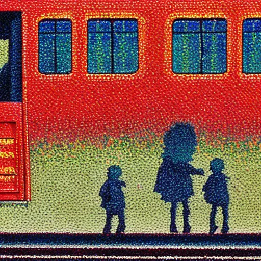 Prompt: an pointillist painting of two hobbits standing on the platform of a train station, a big red train is waiting at the platform