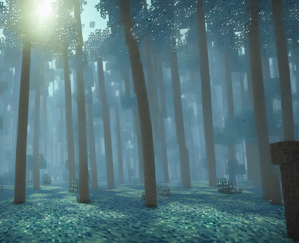 Prompt: blue forest, glowing, minecraft screenshot, raytracing, shader, digital art, highly detailed, artstation, octane render