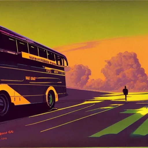 Image similar to concept art for a bus that releases green clouds of poisonous gas, painted by syd mead, high quality