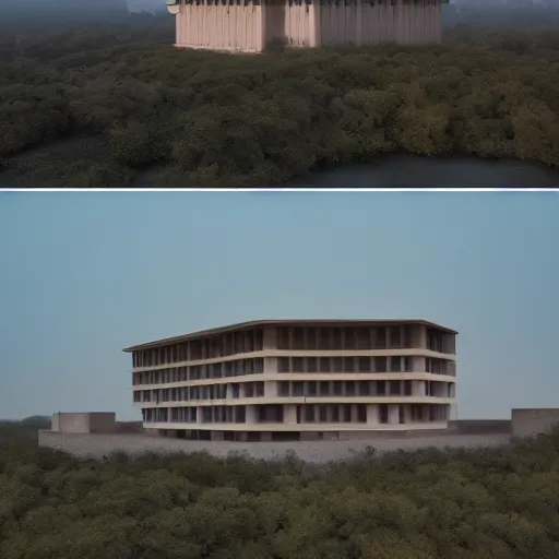 Image similar to brutalist modern beige house inspired by tibetan palace, built like a stadium with atrium in the middle, on a hill surrounded by big trees, dramatic lighting, artstation, realistic rendering, unreal engine, octane render, raphael lacoste, simon stalenhag, frank lloyd wright, helicopter view