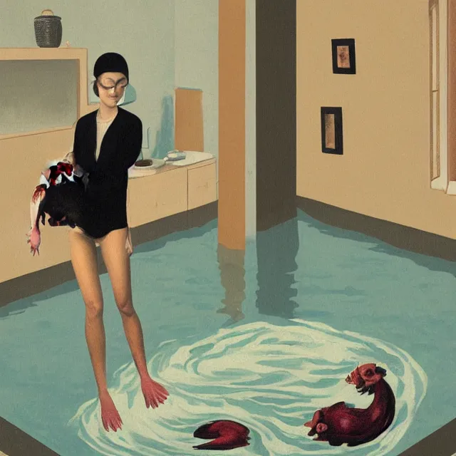 Image similar to tall female emo artist holding a pig in her flooded bathroom, water gushing from ceiling, painting of flood waters inside an artist's bathroom, a river flooding indoors, pomegranates, pigs, ikebana, zen, water, octopus, river, rapids, waterfall, black swans, canoe, berries, acrylic on canvas, surrealist, by magritte and monet