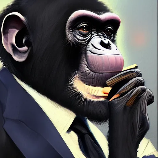 Image similar to a chimp wearing a suit smoking a cigar, dramatic lighting, cinematic, establishing shot, extremly high detail, photorealistic, cinematic lighting, artstation, style by James Gurney